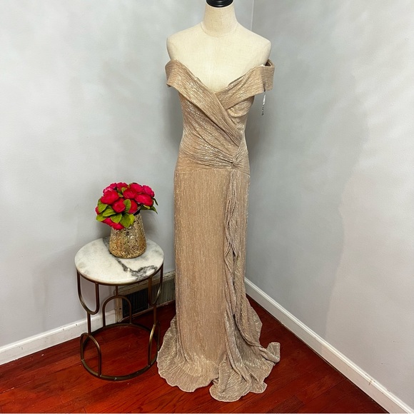 XSCAPE Gold Off Shoulder Short Sleeve Cascading Ruffle Full-Length Formal Gown - Picture 4 of 13
